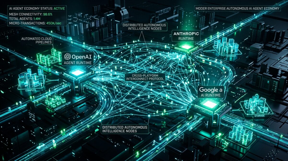 The Agent Economy showing interconnected autonomous runtimes between OpenAI, Anthropic, and Google