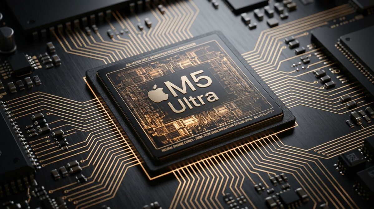 Apple M5 Ultra silicon processor die showing unified memory and dense neural engine cores