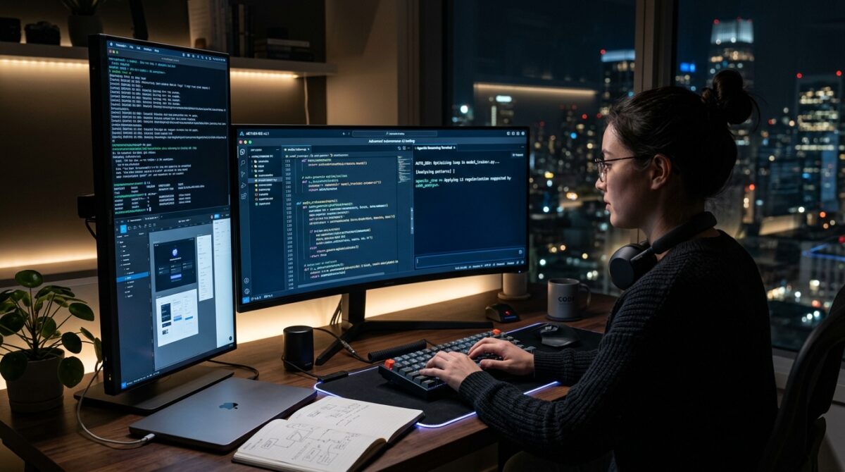 Modern developer IDE workstation running autonomous agentic code generation and testing runtimes