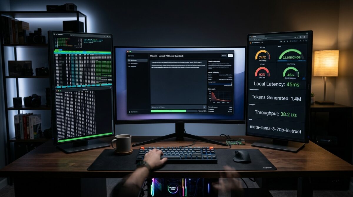 Engineer workstation running local LLM inference benchmarks with token throughput telemetry