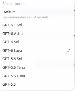 The Definitive OpenAI Model Guide: GPT-6.1 Sol, Astra, Luna, and Terra—Which Model to Choose for Coding, Research, and Everyday Work ChatGPT Select Model Dropdown Menu showing GPT-6.1 Sol, GPT-6 Astra, GPT-6 Luna, and GPT-5.6 Terra
