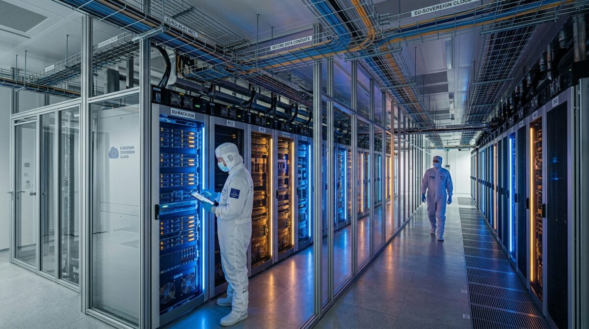 High-security European sovereign cloud datacenter corridor with isolated AI compute racks