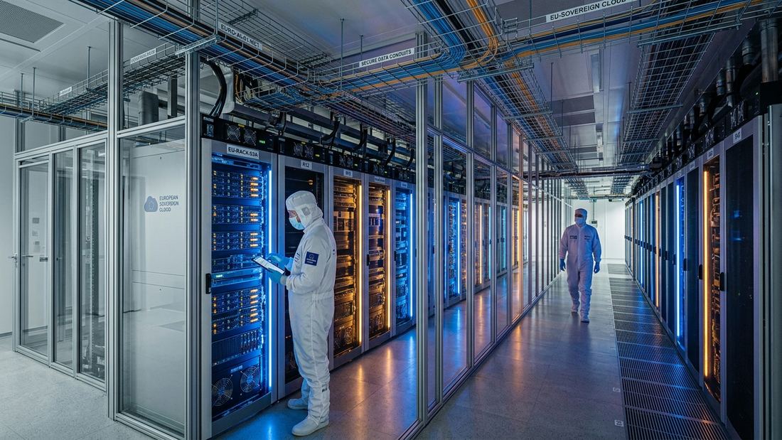 High-security European sovereign cloud datacenter corridor with isolated AI compute racks
