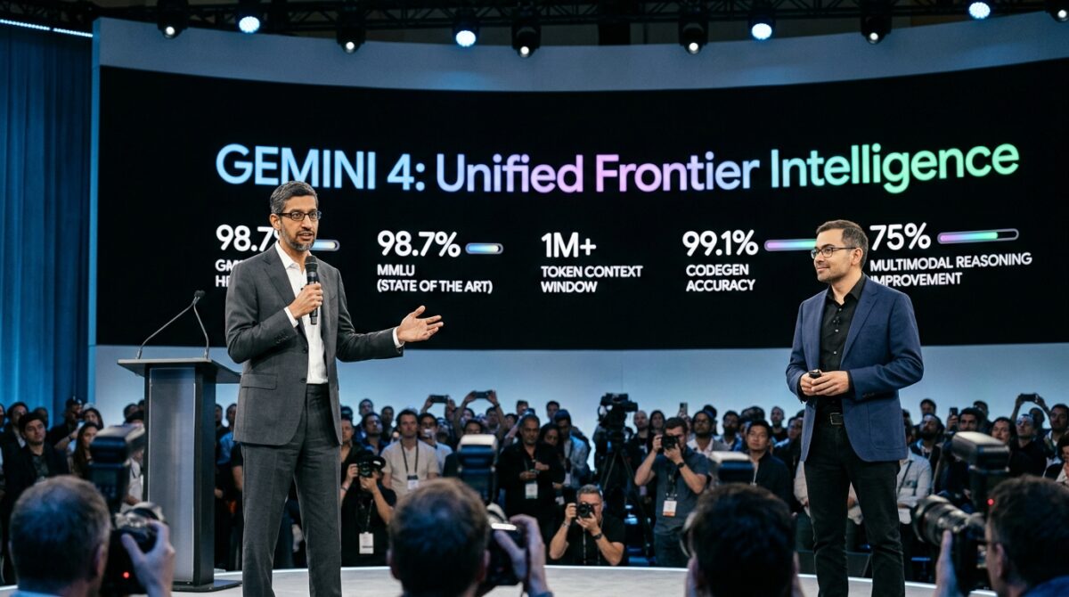 Google CEO Sundar Pichai and DeepMind CEO Demis Hassabis announce Gemini 4 Unified Frontier Intelligence architecture on stage