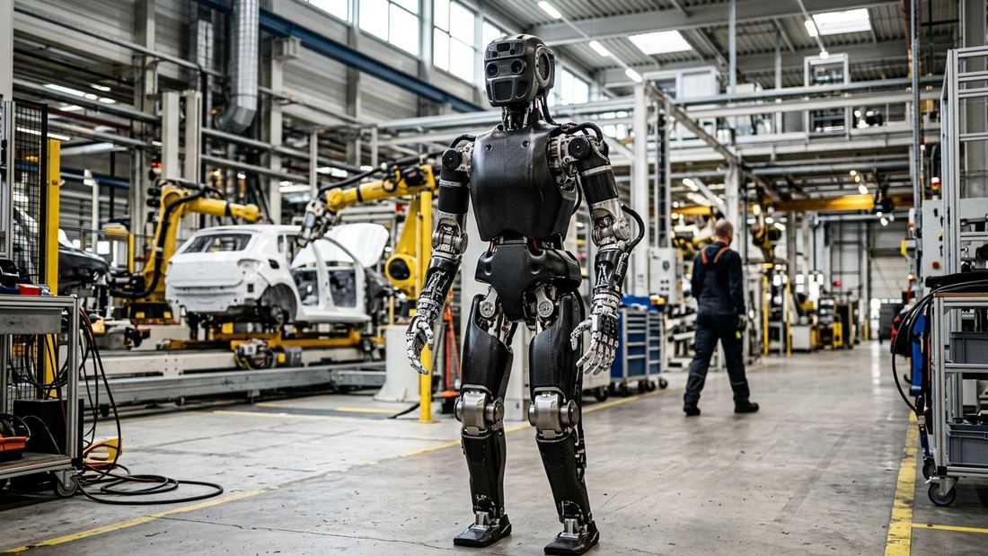 Figure 02 bipedal humanoid robot operating inside an automotive assembly plant alongside human workers